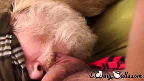 ”Swinging balls & huge cock munched on by mature weirdo”