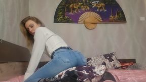 jeans, belt fetish, dry humping on pillow