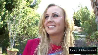 Blonde cheerleader in red skirt gets double teamed outdoors