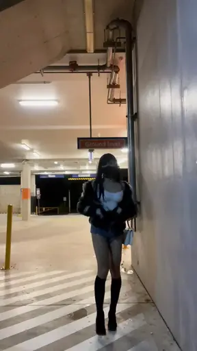 Night walk at train station and parking lot with fishnet stocking