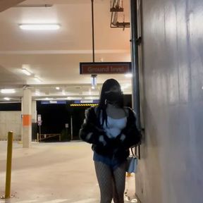 Night walk at train station and parking lot with fishnet stocking