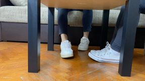 TWO STUDENTS FOOTSIE IN A LIBRARY AND SHOE STEPPING - MP4 HD