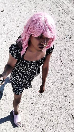 Little Ladyboy Femboy In Mini Dress And Sandals Walks In Public Very Hot