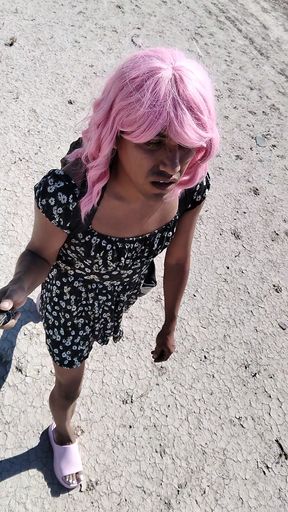 Little Ladyboy Femboy In Mini Dress And Sandals Walks In Public Very Hot