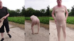 exhibitionist mit sexy nylonfetisch auf einsamen feldweg