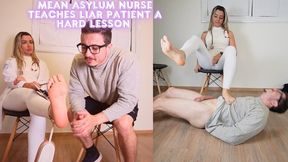 Mean Asylum Nurse teaches liar patient a hard lesson with her sexy feet then milk him with her sweaty feet on face - BALLBUSTING FEMALE DOMINATION FOOT DOMINATION - FEMDOM CBT SANDALS SMELLY KICK - CUMSHOT FOOTJOB - CUM ON FEET FOOT SMEL re2
