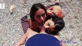 Busty latin MILFs Rosa Rozita and Sofia Pavlidi love to eat some dick and pussy on the beach (POV)
