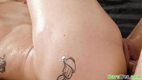 Colossal tit blonde teen Kelsey Kane snatches her wet pussy pounded during a slippery massage