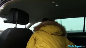 Petite blonde Teen gushes cum choked on big Cock in Public Car POV