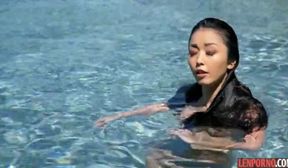 Beautiful Asian girl by the pool Fucks cancer with black friend