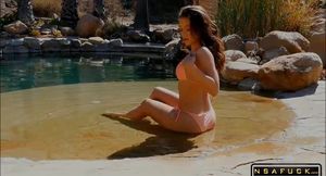 Lana Rhoades Strip in her Pink Swimsuit and Faps by the Swimming Pool