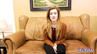 Ginger hottie audition turns into slutty slurping wet BJ on her knees