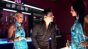 Blonde and brunette milfs please their customer in a hot threesome