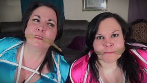 Gina Rae and Step-daughter Courtney bound and gagged in silky pantyhose, silk blouses and short skirts