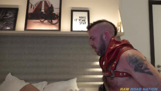 Rough sex blowjob, rough, bareback &#8211; large cock amateur tattooed British Jeremy Feist in leather ass fucking