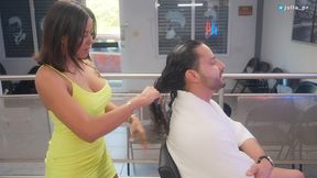 slutty latina stylist seduces her favorite client and fucks him during his hair cut