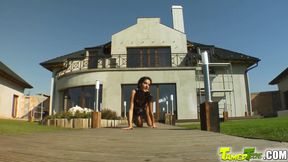 ”Curly charming teen's mouth tamed by their cocks”