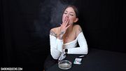 [5] Lesya is smoking all-white superslim Vogue cigarette, sometimes smoking hands-free (dangling), flicking the ash into the ashtray | 4K Resolution