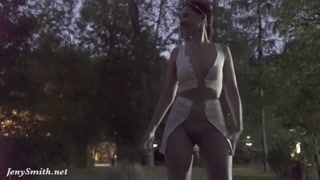Jeny Smith tests her new suit. Flashing in public
