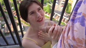 Skinny babe in a yellow dressed is easily seduced by an ugly older dude
