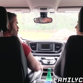 Muscular daddy bare fucking stepson in the back seat