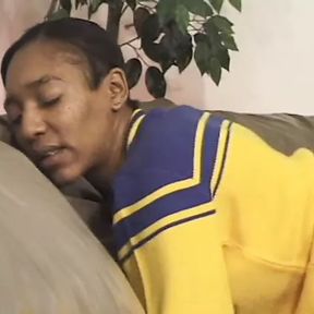 Hot dude fucks hardcore a hot ass black cheerleader&#039;s pussy on the sofa