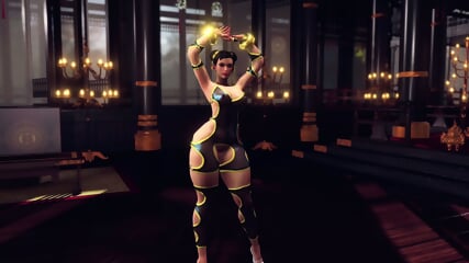 Busty Chun Li in slutty bodysuit solo dancing and posing in hinese temple