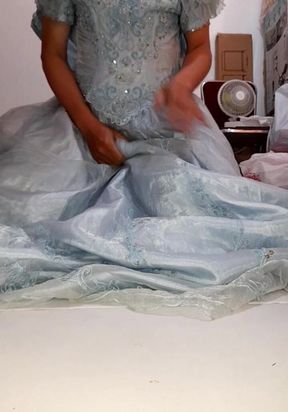 Asian Crossdresser Cum Wearing Satin Wedding Dress Ball Gown