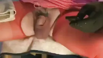 Amateur crossdresser takes 2.5 liter saline scrotal infusion in fetish session