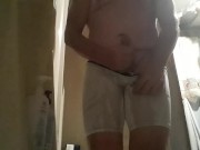 Desperate Wetting! Held it for over 6 hrs! Huge cumshot after soaking my white shorts in PISS!