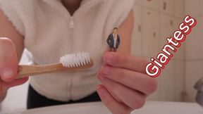 Giantess Stepsister brushes Tiny stepbrother's teeth and after she brushes them Giantess stepsister also brushes her teeth but instead of a toothbrush she uses tiny stepbrother as a toothbrush