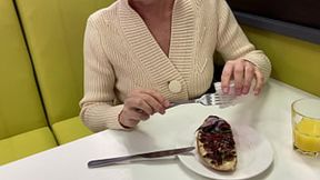 Mature MILF sucks huge cock in public then swallows his cum