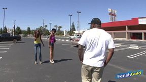 Two ebony babes pick up famous black guy with big cock and get fucked hard