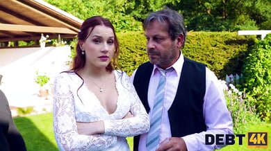 Czech redhead in wedding dress takes it outdoors in the garden with a voyeur watching