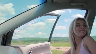 Petite hitchhiking blonde Katy Rose sucking a mean pecker in the car