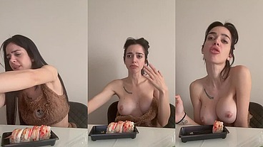 Eating sushi topless