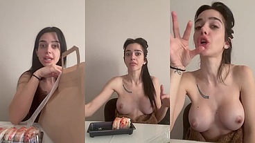 Eating sushi topless