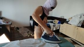 Sexy wife doing housework naked. Brunette, hairy pussy, big ass, big tits. Sexy mom massages herself with a vibrator.