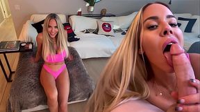 Blonde bombshell with big tits deepthroats and rides monster cock