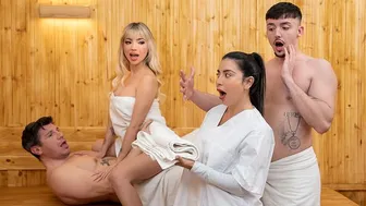 Tattooed blonde MILF Yeri Blue takes two cocks in sauna DP with Denis Marti