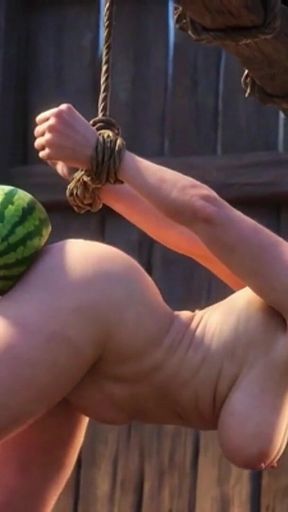 Granny in Bondage Takes Watermelon in Ass - Intense Sensation