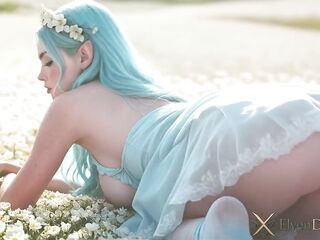 A blue-haired elf angel got lost in a flower field. I showed her the way with my large ebony ramrod! My ally joined me and we tore her elven pink holes!! The field full of flowers turned into a field of