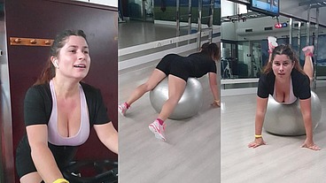 Hot Teen with Big Tits and Perfect Ass in the Gym warming up for Sex in Doggy. Huge Cum on Asshole