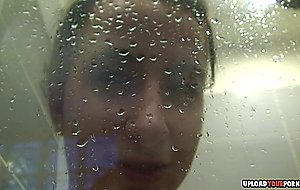 Hairy brunette washes her cunt in the shower —