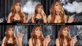 Green lips ginger smoking Winston 100s for you in leather top!