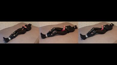 Leather leggings leather jacket hunter boots bound gagged climax