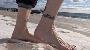 Snowy sandy beach milf feet show, laced up boots and sock removal, red toes, mature feet, soles close-up, foot fetish, size 9