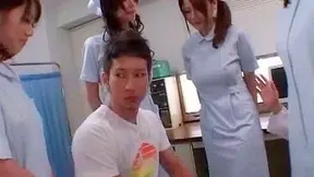 Four sexy babes with nurse costumes fuck on horney guy