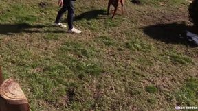 CH 535, Camera guy pays a young guy in black jacket exercising his dogs to suck and b
