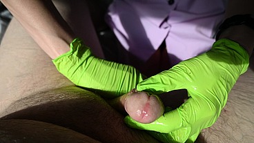 Handjob with green Latex Gloves